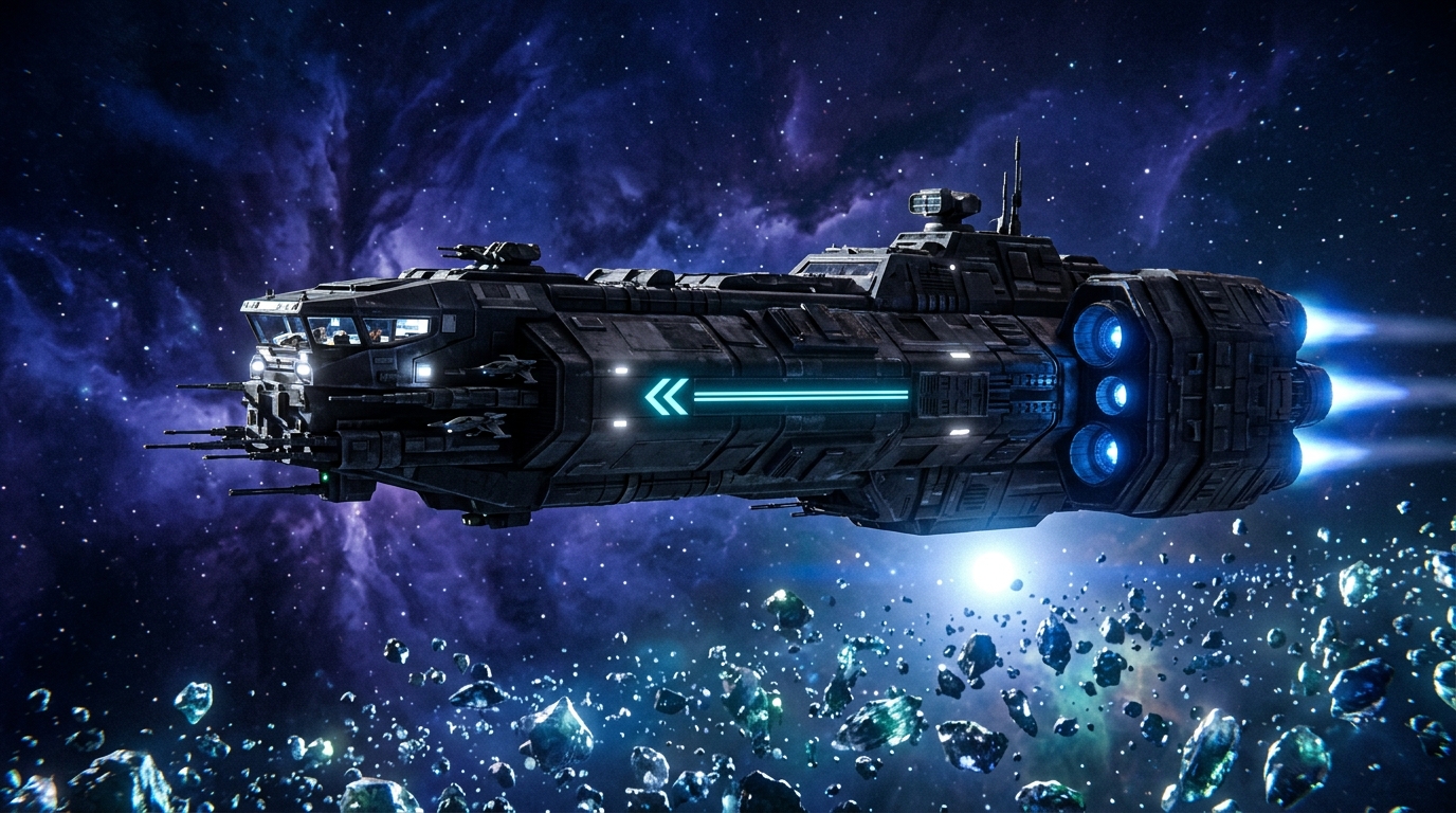 Valkyrie expedition starship charting deep space amidst an asteroid field and distant indigo nebula.