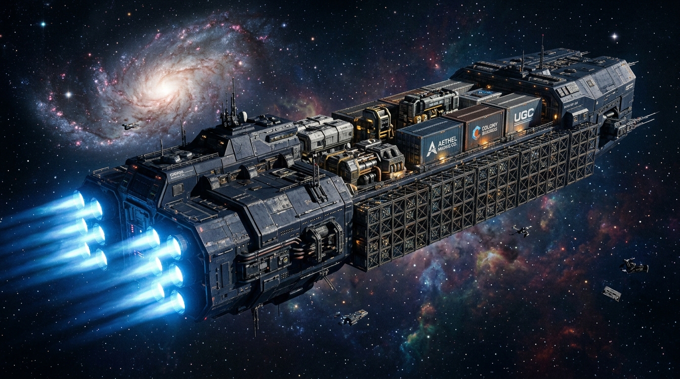 Industrial modular logistics platform and cargo containers operating across deep-space asteroid extraction zones.