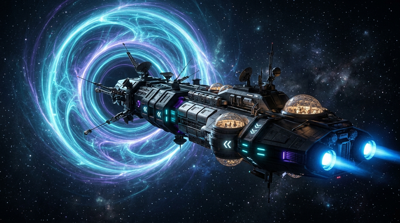 Odyssey scientific research platform equipped with observation bio-domes investigating a swirling quantum anomaly.